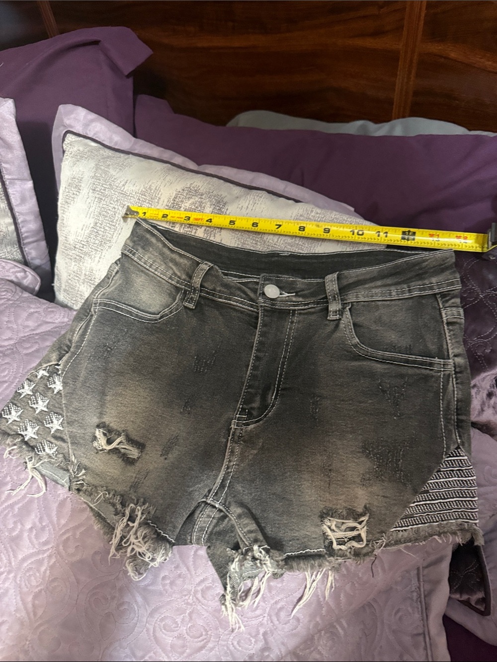 Women's Distressed Black Denim Jean Shorts with Frayed Hem